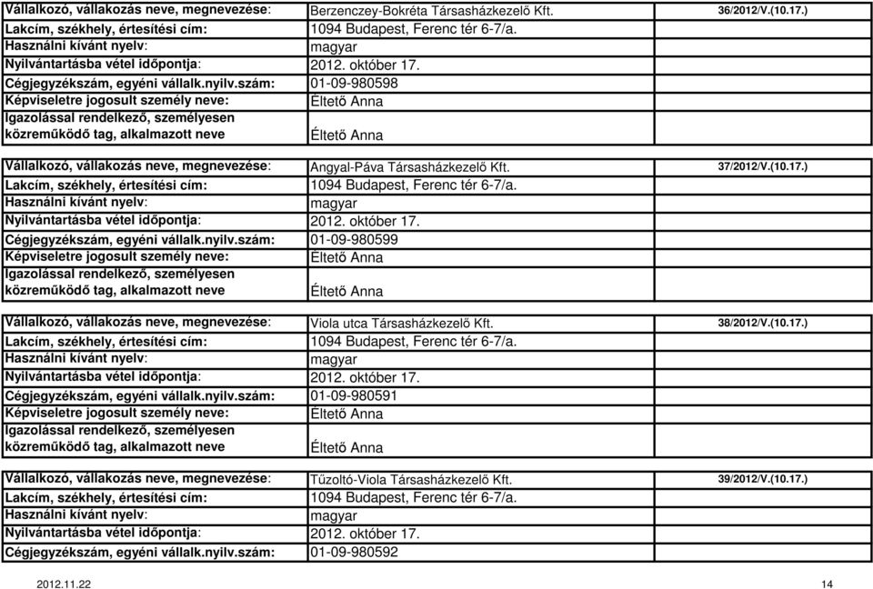 szám: 01-09-980599 Vállalkozó, vállakozás neve, megnevezése: Viola utca Társasházkezelő Kft. 38/2012/V.(10.17.) Cégjegyzékszám, egyéni vállalk.nyilv.