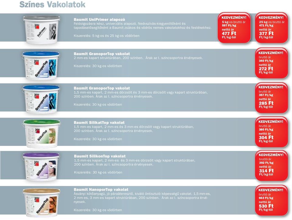 340 Ft/kg 272 Ft Baumit GranoporTop vakolat 1,5 mm-es kapart, 2 mm-es dörzsölt és 3 mm-es dörzsölt vagy kapart struktúrában, 200 színben. Árak az I. színcsoportra érvé nyesek.