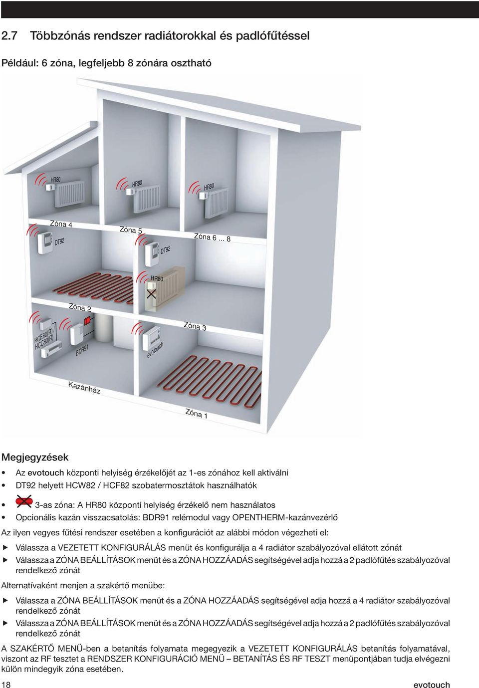 szobatermosztátok használhatók 3-as zóna: A HR80 központi helyiség érzékelő nem használatos Opcionális kazán visszacsatolás: BDR91 relémodul vagy OPENTHERM-kazánvezérlő Az ilyen vegyes fűtési