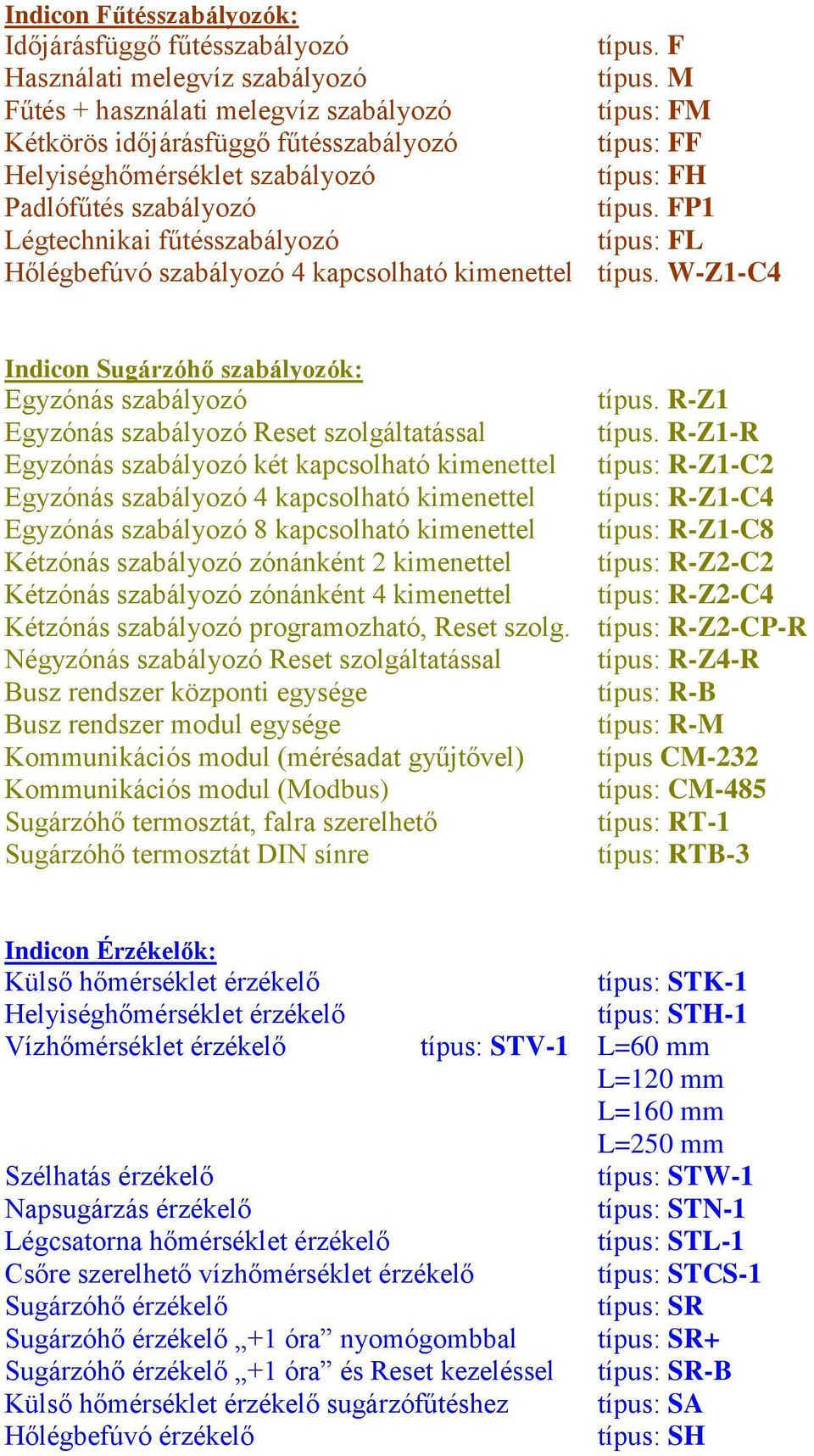 FP1 Légtechnikai fűtésszabályozó típus: FL Hőlégbefúvó szabályozó 4 kapcsolható kimenettel típus. W-Z1-C4 Indicon Sugárzóhő szabályozók: Egyzónás szabályozó típus.