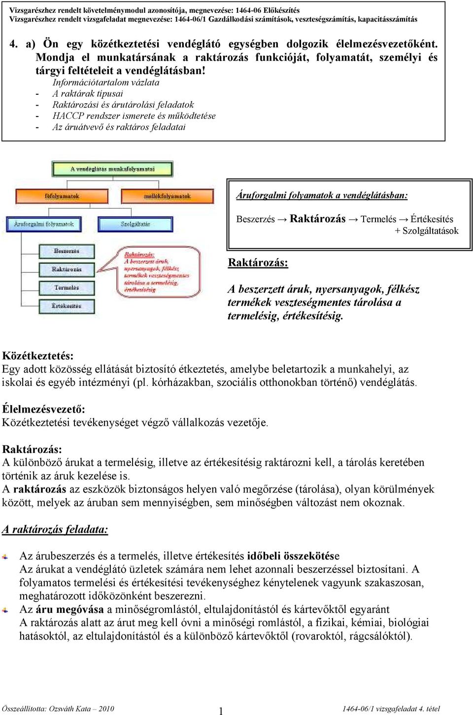 Mondja el munkatársának a raktározás funkcióját, folyamatát, személyi és tárgyi feltételeit a vendéglátásban!