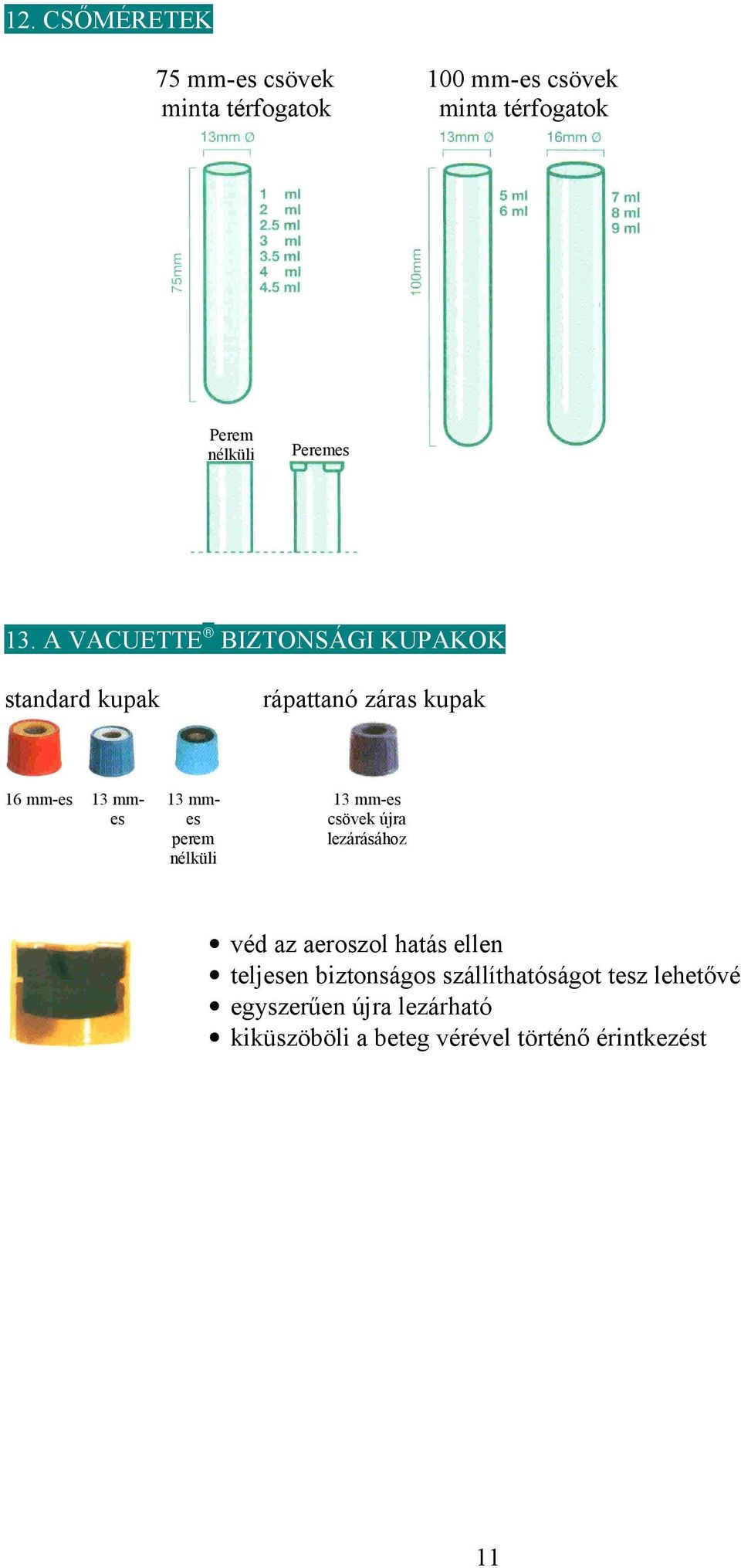 A VACUETTE BIZTONSÁGI KUPAKOK standard kupak 16 mm-es 13 mmes rápattanó záras kupak 13 mmes perem