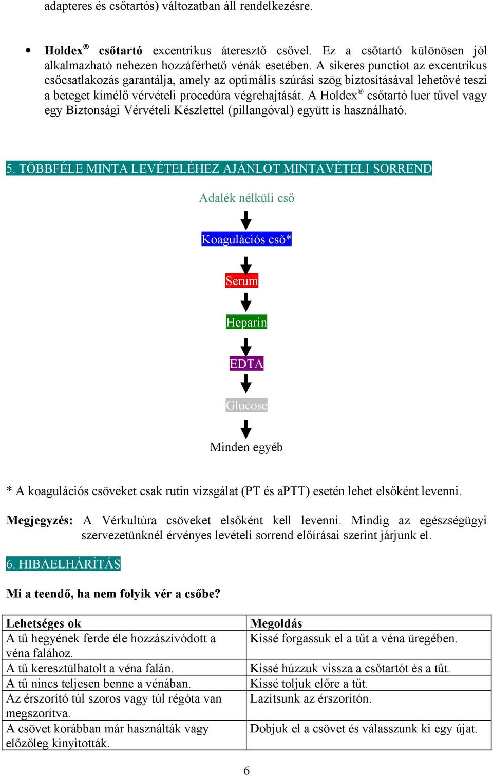 A Holdex csőtartó luer tűvel vagy egy Biztonsági Vérvételi Készlettel (pillangóval) együtt is használható. 5.
