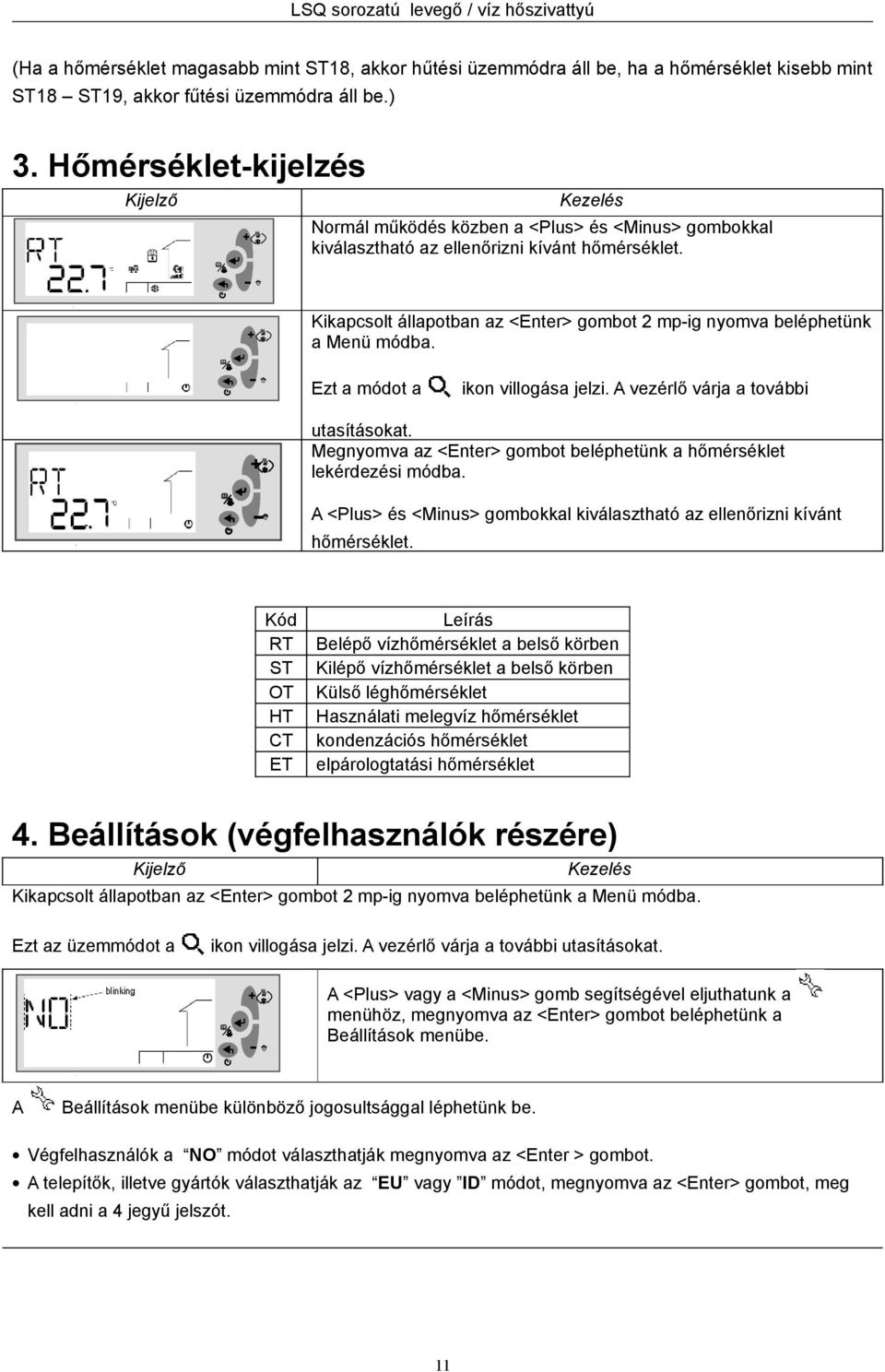 .. Kikapcsolt állapotban az <Enter> gombot 2 mpig nyomva beléphetünk a Menü módba. Ezt a módot a ikon villogása jelzi. A vezérlő várja a további. utasításokat.
