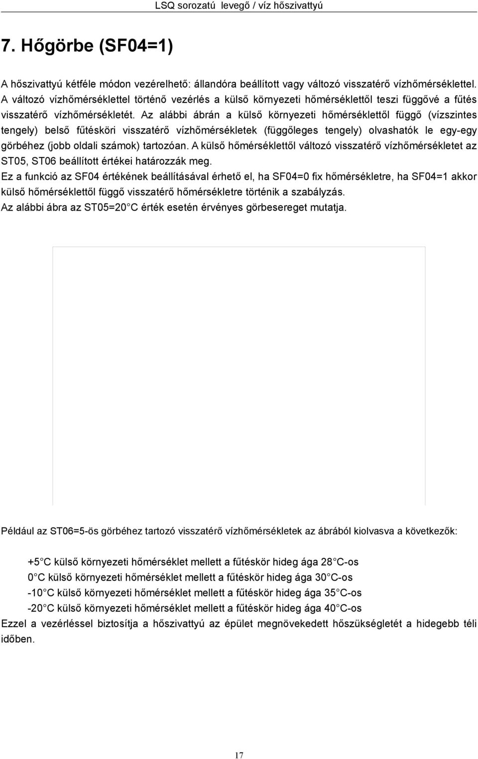 Az alábbi ábrán a külső környezeti hőmérséklettől függő (vízszintes tengely) belső fűtésköri visszatérő vízhőmérsékletek (függőleges tengely) olvashatók le egyegy görbéhez (jobb oldali számok)