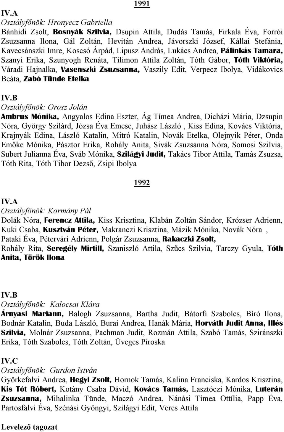 Vaszily Edit, Verpecz Ibolya, Vidákovics Beáta, Zabó Tünde Etelka Osztályfőnök: Orosz Jolán Ambrus Mónika, Angyalos Edina Eszter, Ág Tímea Andrea, Dicházi Mária, Dzsupin Nóra, György Szilárd, Józsa