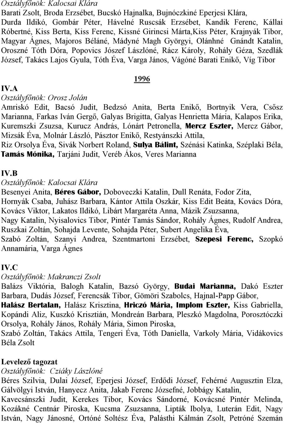 Károly, Rohály Géza, Szedlák József, Takács Lajos Gyula, Tóth Éva, Varga János, Vágóné Barati Enikő, Víg Tibor 1996 Osztályfőnök: Orosz Jolán Amriskó Edit, Bacsó Judit, Bedzsó Anita, Berta Enikő,