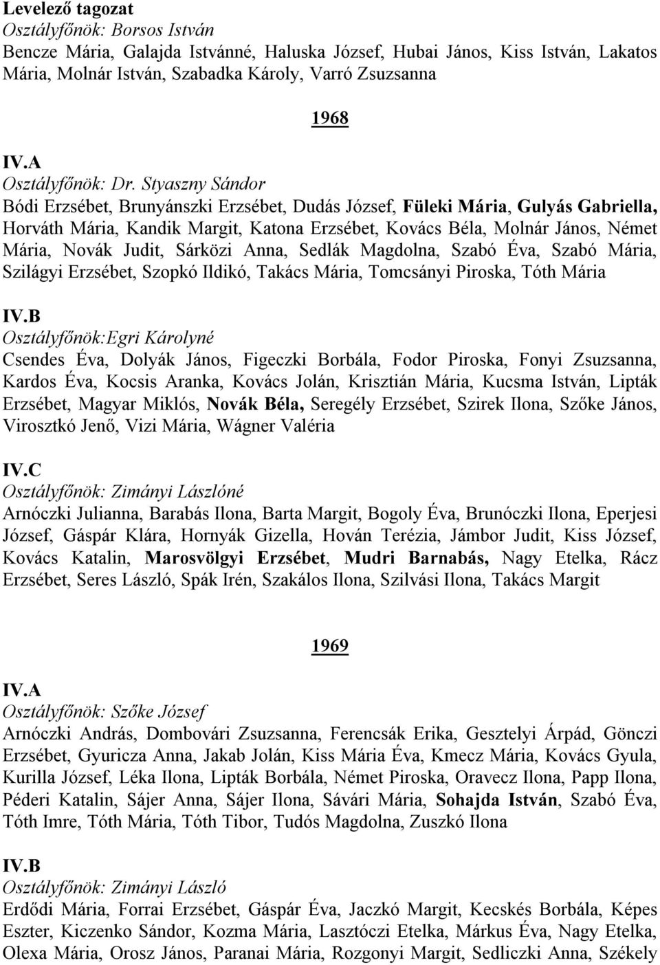 Sárközi Anna, Sedlák Magdolna, Szabó Éva, Szabó Mária, Szilágyi Erzsébet, Szopkó Ildikó, Takács Mária, Tomcsányi Piroska, Tóth Mária Osztályfőnök:Egri Károlyné Csendes Éva, Dolyák János, Figeczki