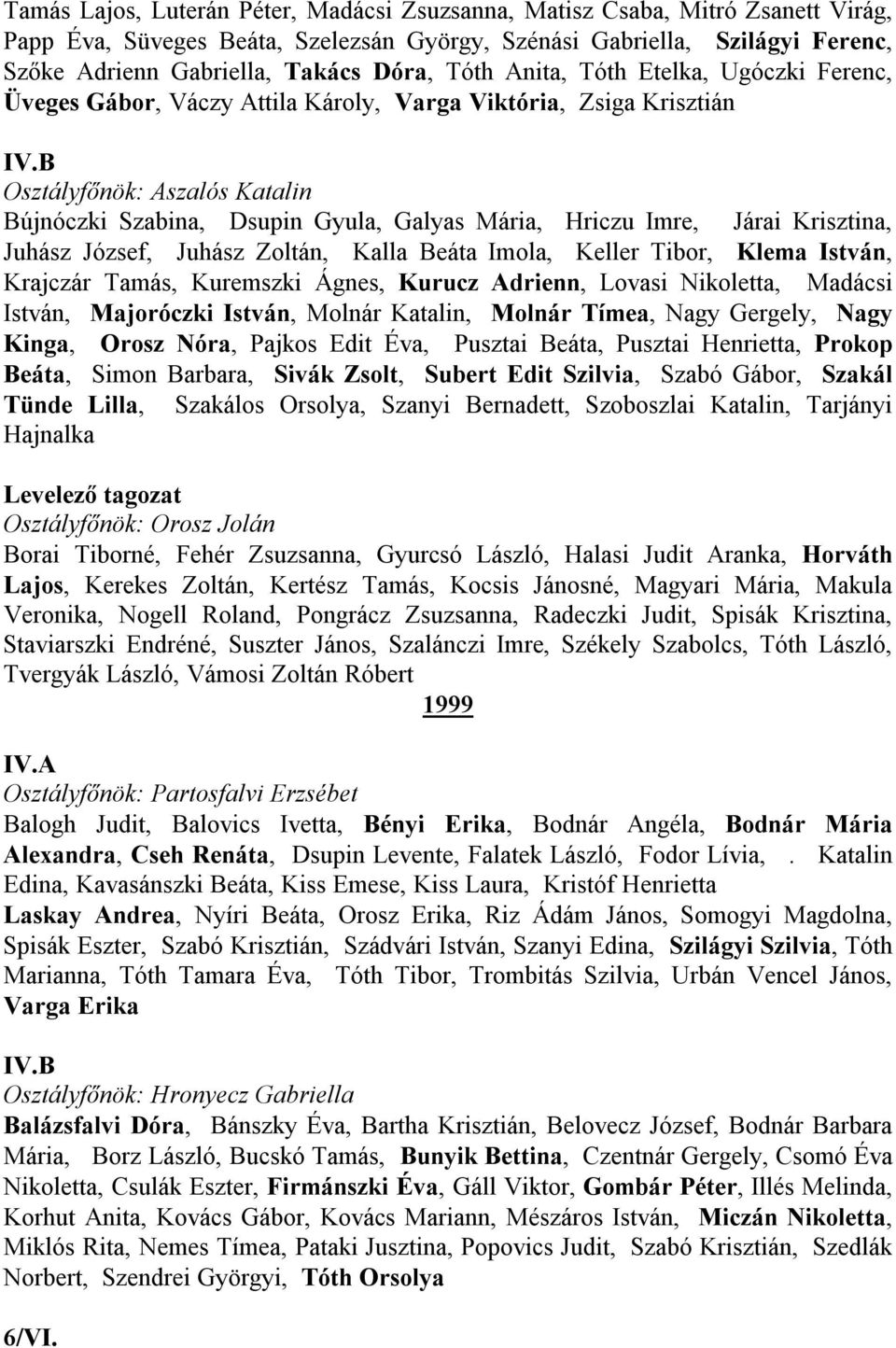 Járai Krisztina, Juhász József, Juhász Zoltán, Kalla Beáta Imola, Keller Tibor, Klema István, Krajczár Tamás, Kuremszki Ágnes, Kurucz Adrienn, Lovasi Nikoletta, Madácsi István, Majoróczki István,