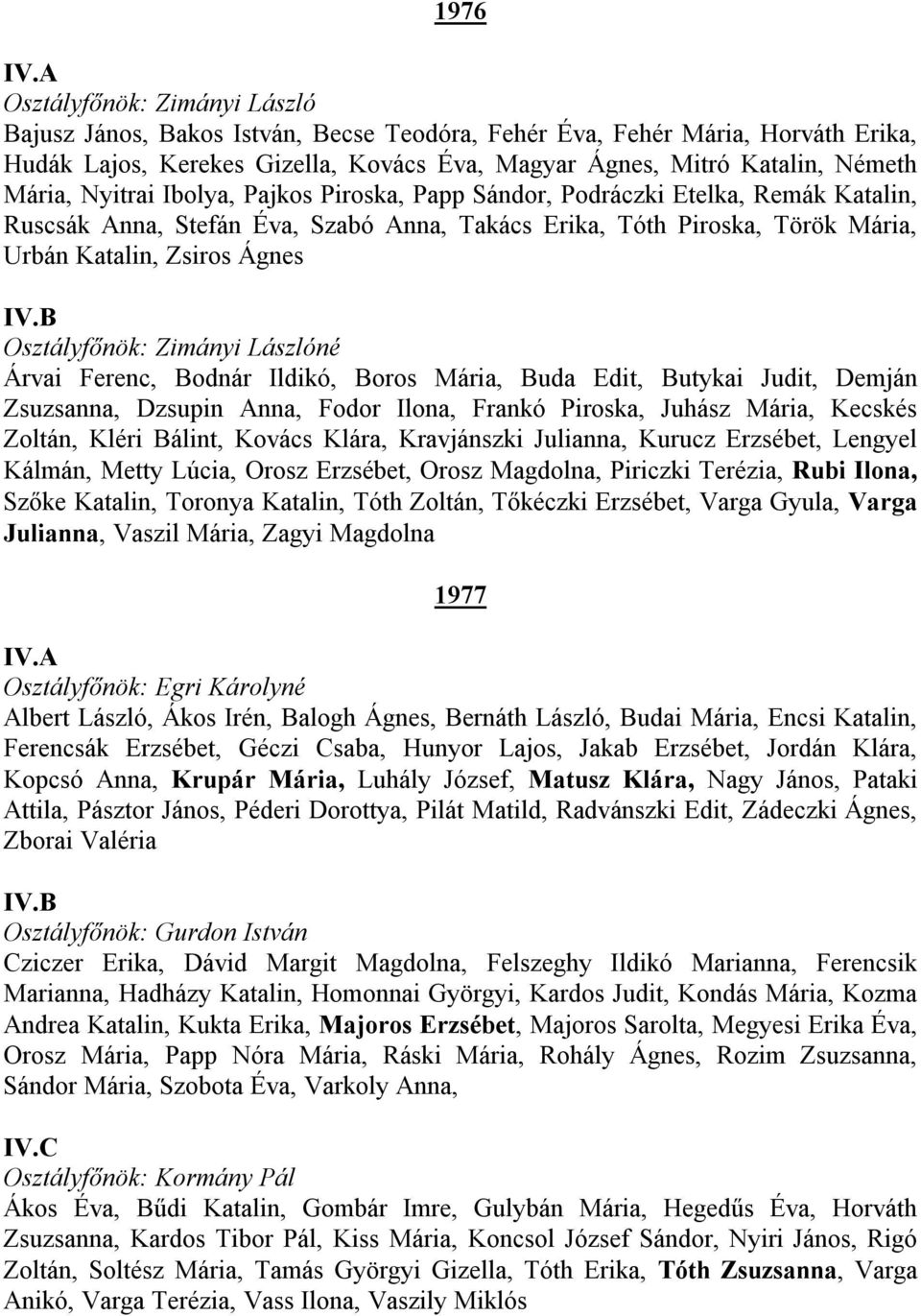 Osztályfőnök: Zimányi Lászlóné Árvai Ferenc, Bodnár Ildikó, Boros Mária, Buda Edit, Butykai Judit, Demján Zsuzsanna, Dzsupin Anna, Fodor Ilona, Frankó Piroska, Juhász Mária, Kecskés Zoltán, Kléri