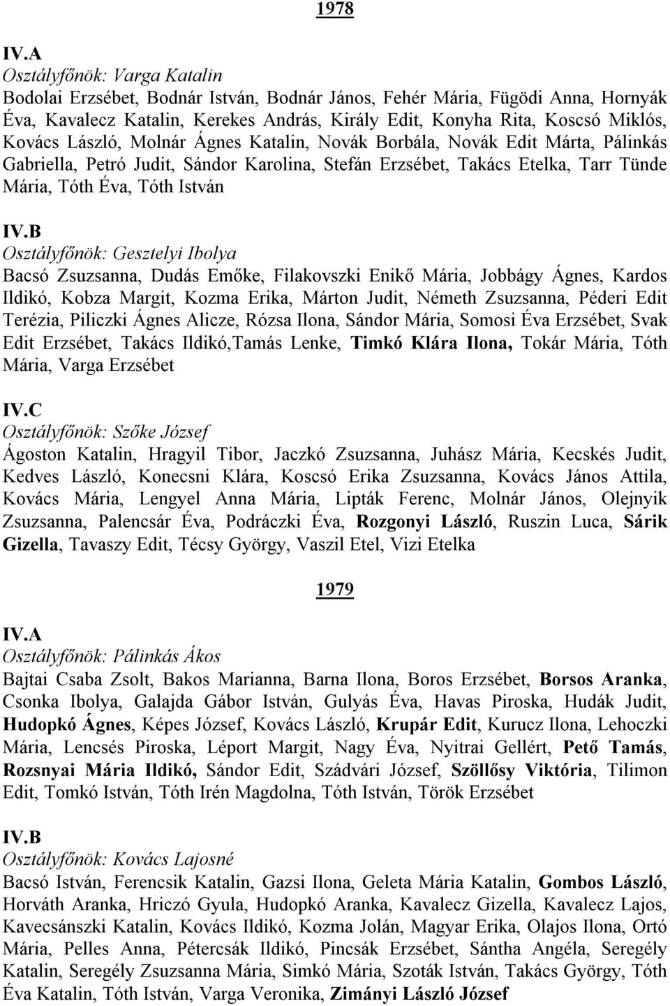 Osztályfőnök: Gesztelyi Ibolya Bacsó Zsuzsanna, Dudás Emőke, Filakovszki Enikő Mária, Jobbágy Ágnes, Kardos Ildikó, Kobza Margit, Kozma Erika, Márton Judit, Németh Zsuzsanna, Péderi Edit Terézia,