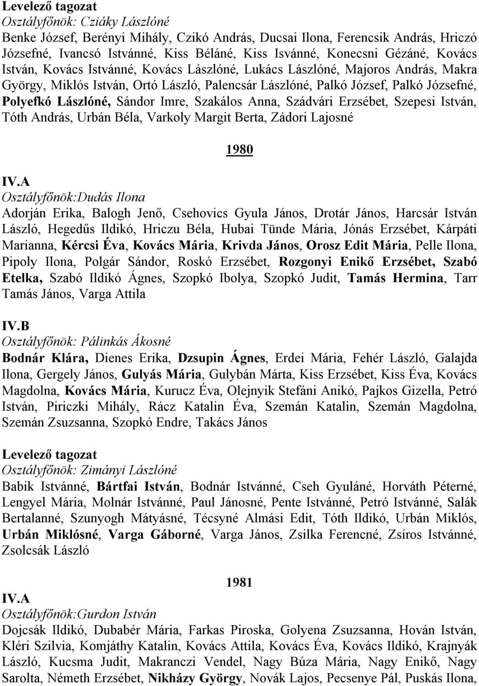 Anna, Szádvári Erzsébet, Szepesi István, Tóth András, Urbán Béla, Varkoly Margit Berta, Zádori Lajosné 1980 Osztályfőnök:Dudás Ilona Adorján Erika, Balogh Jenő, Csehovics Gyula János, Drotár János,