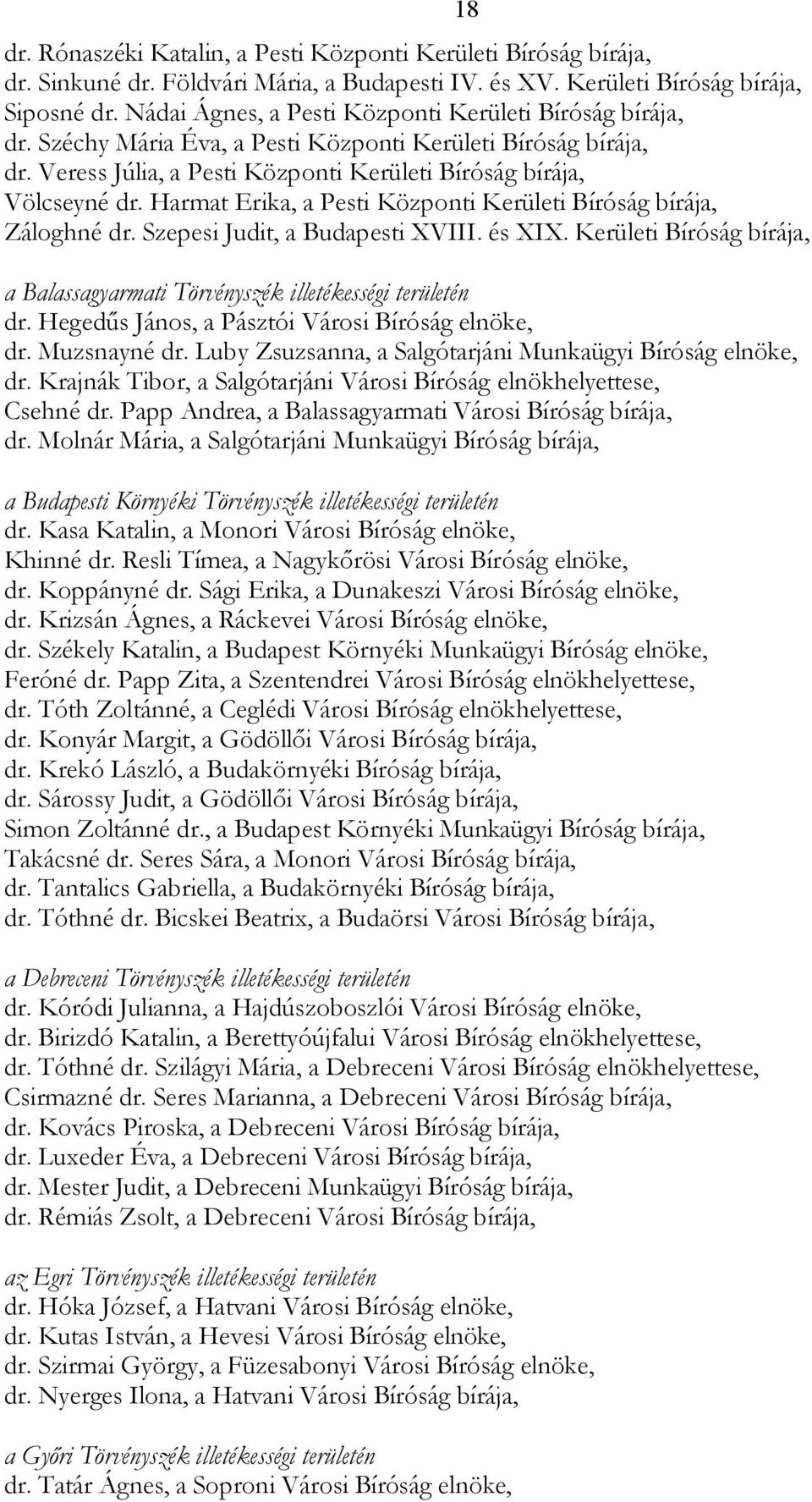 Harmat Erika, a Pesti Központi Kerületi Bíróság bírája, Záloghné dr. Szepesi Judit, a Budapesti XVIII. és XIX. Kerületi Bíróság bírája, a Balassagyarmati Törvényszék illetékességi területén dr.