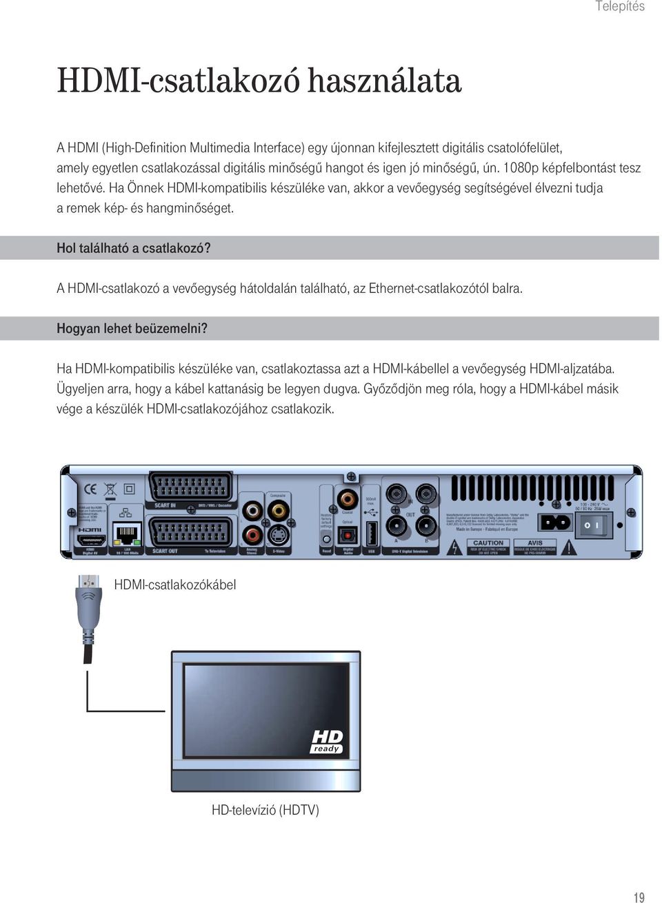 A HDMI-csatlakozó a vevôegység hátoldalán található, az Ethernet-csatlakozótól balra. Hogyan lehet beüzemelni?