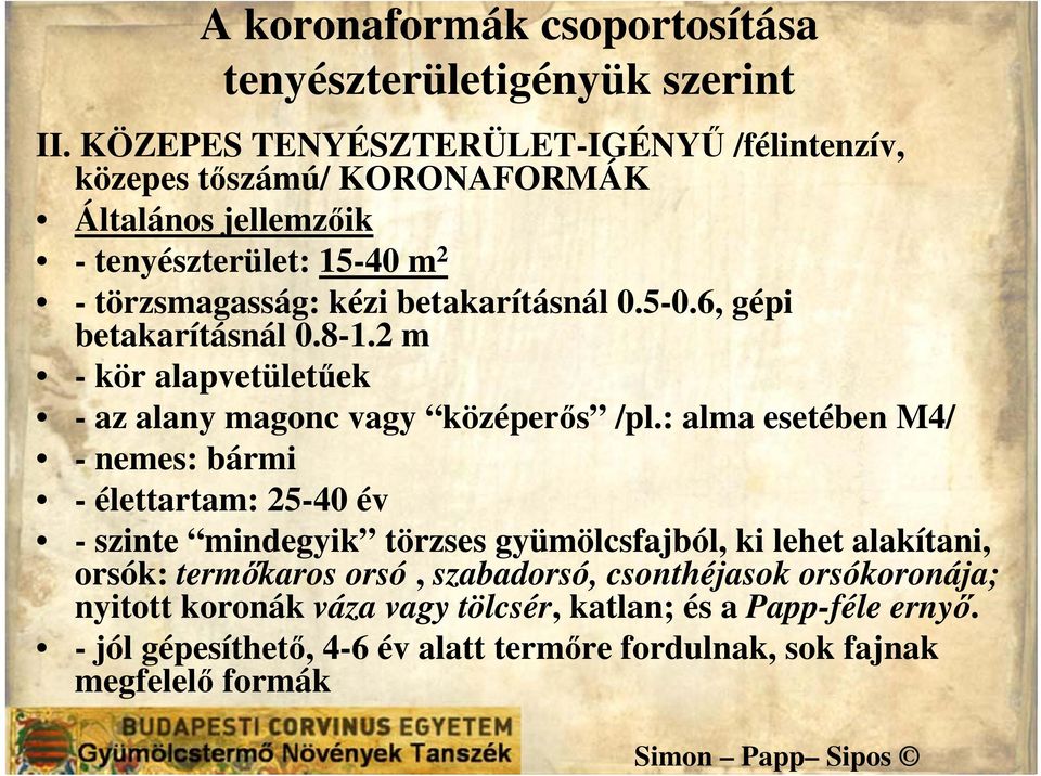 5-0.6, gépi betakarításnál 0.8-1.2 m - kör alapvetületűek - az alany magonc vagy középerős /pl.