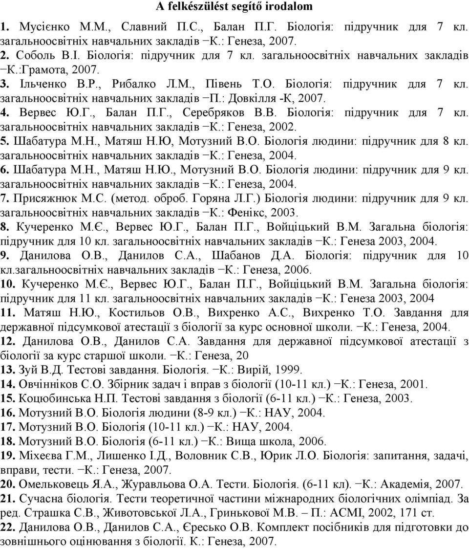 : Довкілля -К, 2007. 4. Вервес Ю.Г., Балан П.Г., Серебряков В.В. Біологія: підручник для 7 кл. загальноосвітніх навчальних закладів К.: Генеза, 2002. 5. Шабатура М.Н., Матяш Н.Ю, Мотузний В.О.