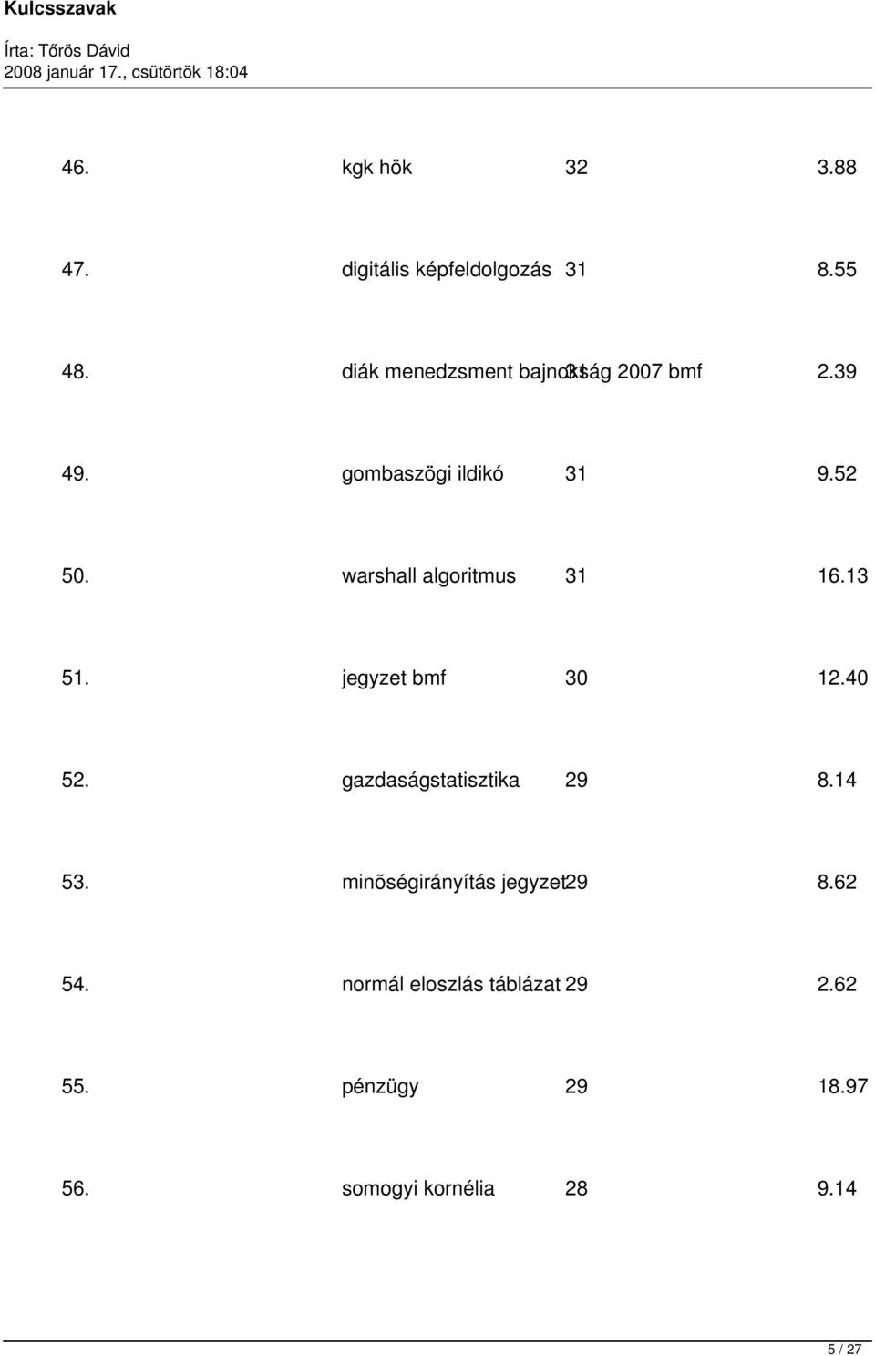 warshall algoritmus 31 16.13 51. jegyzet bmf 30 12.40 52. gazdaságstatisztika 29 8.14 53.