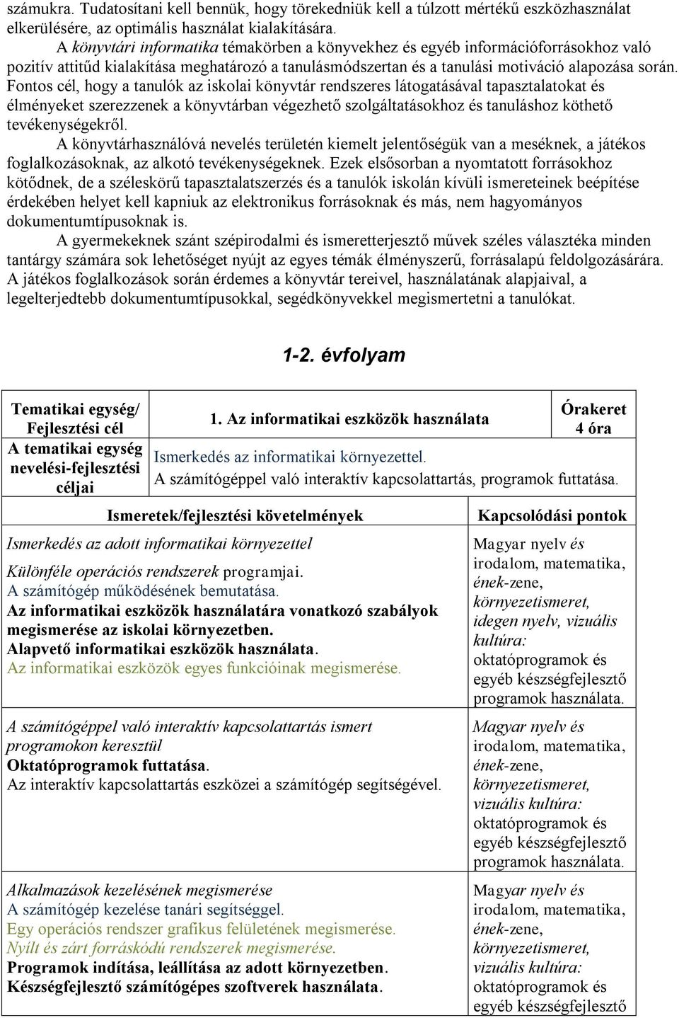 Fontos cél, hogy a tanulók az iskolai könyvtár rendszeres látogatásával tapasztalatokat és élményeket szerezzenek a könyvtárban végezhető szolgáltatásokhoz és tanuláshoz köthető tevékenységekről.