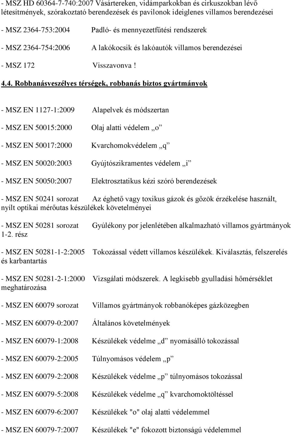 754:2006 A lakókocsik és lakóautók villamos berendezései - MSZ 172 Visszavonva! 4.4. Robbanásveszélyes térségek, robbanás biztos gyártmányok - MSZ EN 1127-1:2009 Alapelvek és módszertan - MSZ EN