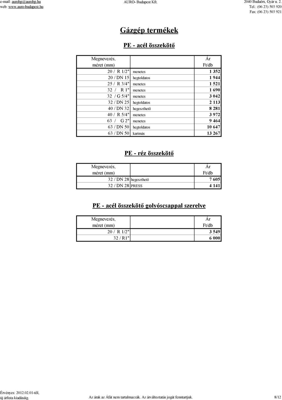 Gázgép termékek PE - acél összekötő méret () 20 / R 1/2" menetes 1 352 20 / DN 15 hegtolatos 1 944 25 / R 3/4" menetes 1 521 32 / R 1" menetes 1 690 32 / G 5/4"