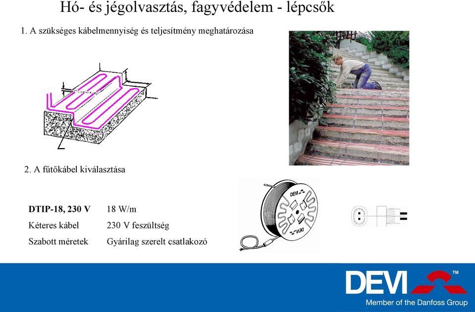 2. A fűtőkábel kiválasztása DTIP-18, 230 V 18 W/m