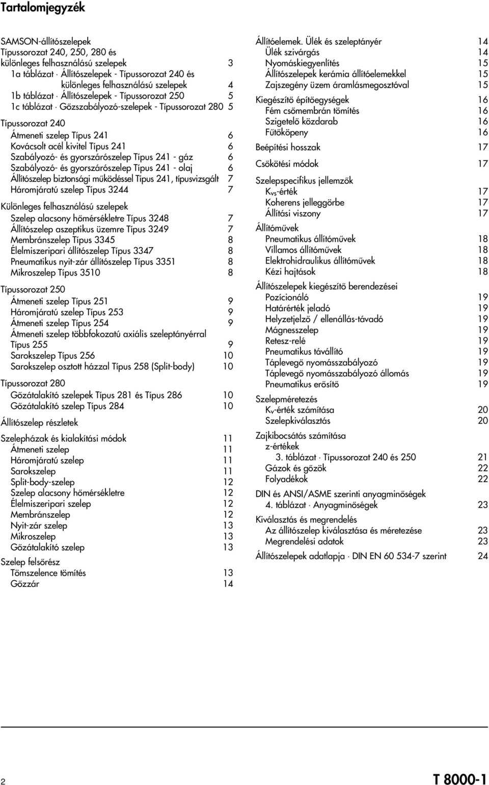 gyorszárószelep Típus 241 - gáz 6 Szabályozó- és gyorszárószelep Típus 241 - olaj 6 Állítószelep biztonsági mûködéssel Típus 241, típusvizsgált 7 Háromjáratú szelep Típus 3244 7 Különleges