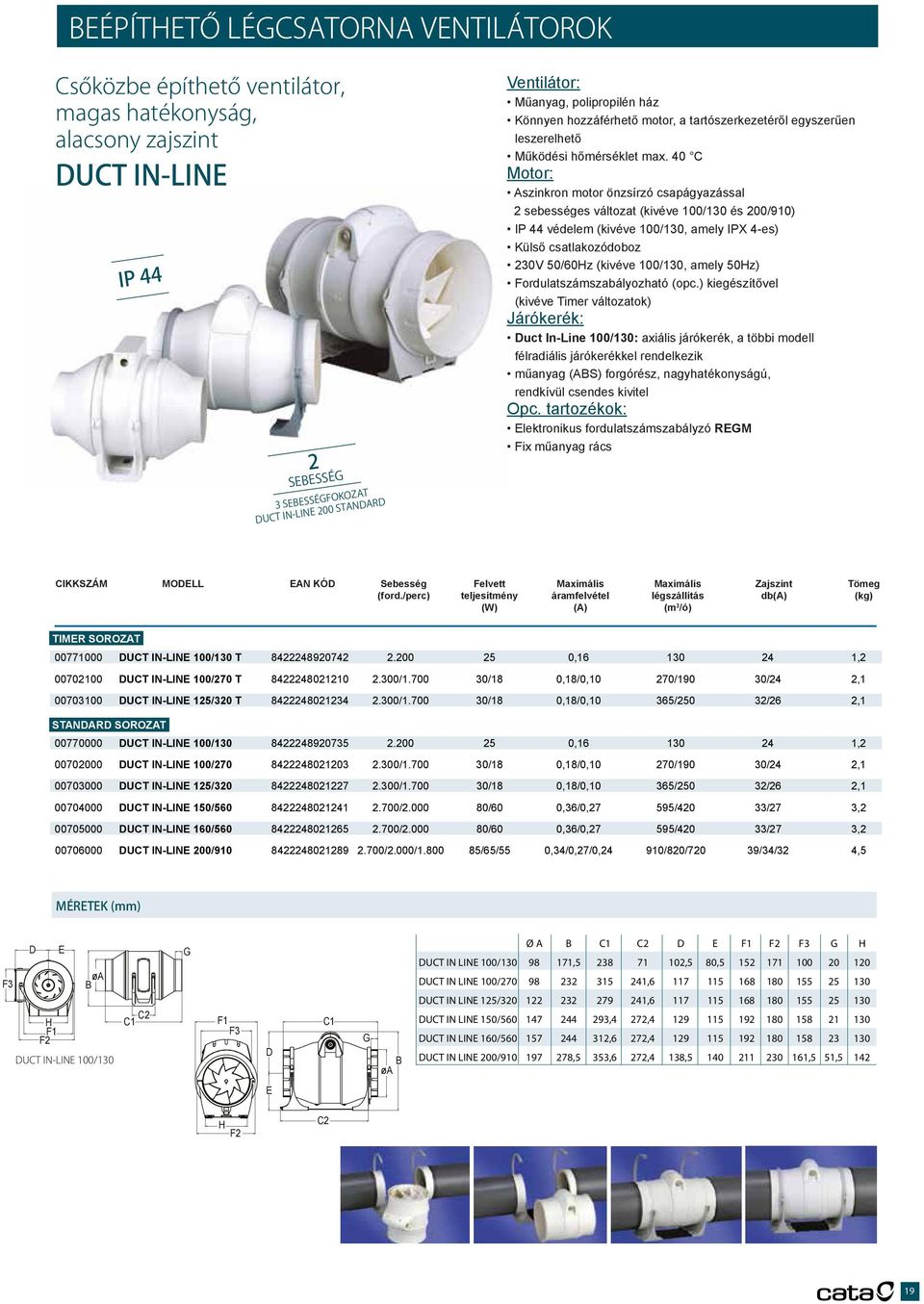 40 C Motor: Aszinkron motor önzsírzó csapágyazással 2 sebességes változat (kivéve 00/30 és 200/90) IP 44 védelem (kivéve 00/30, amely IPX 4-es) Külső csatlakozódoboz 230V 50/60Hz (kivéve 00/30, amely