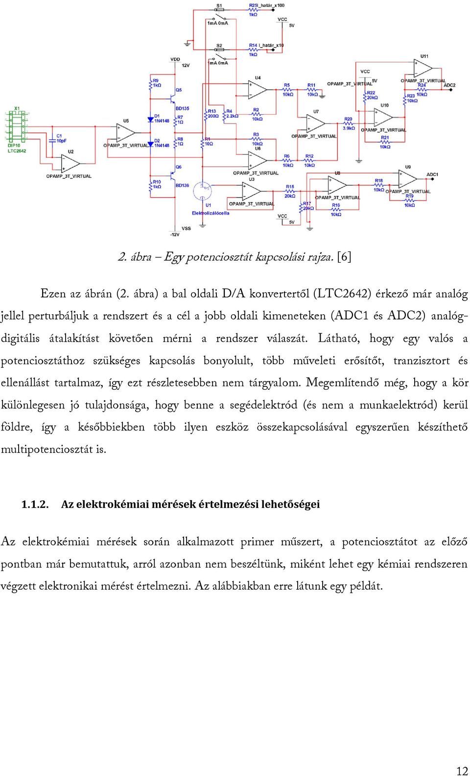 válaszát. Látható, hogy egy valós a potenciosztáthoz szükséges kapcsolás bonyolult, több műveleti erősítőt, tranzisztort és ellenállást tartalmaz, így ezt részletesebben nem tárgyalom.
