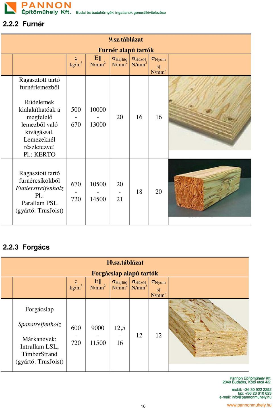 táblázat Furnér alapú tartók E σ Hajlító σ Húzó σ Nyom N/mm 2 N/mm 2 N/mm 2 ó N/mm 2 Rúdelemek kialakíthatóak a megfelelő lemezből való kivágással.