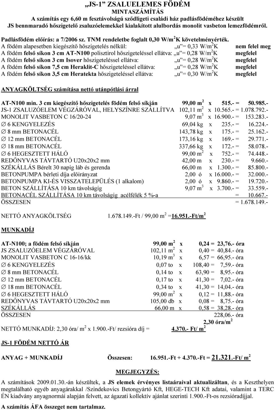 A födém alapesetben kiegészítő hőszigetelés nélkül: u = 0,33 W/m 2 K nem felel meg A födém felső síkon 3 cm AT-N100 polisztirol hőszigeteléssel ellátva: u = 0,28 W/m 2 K megfelel A födém felső síkon