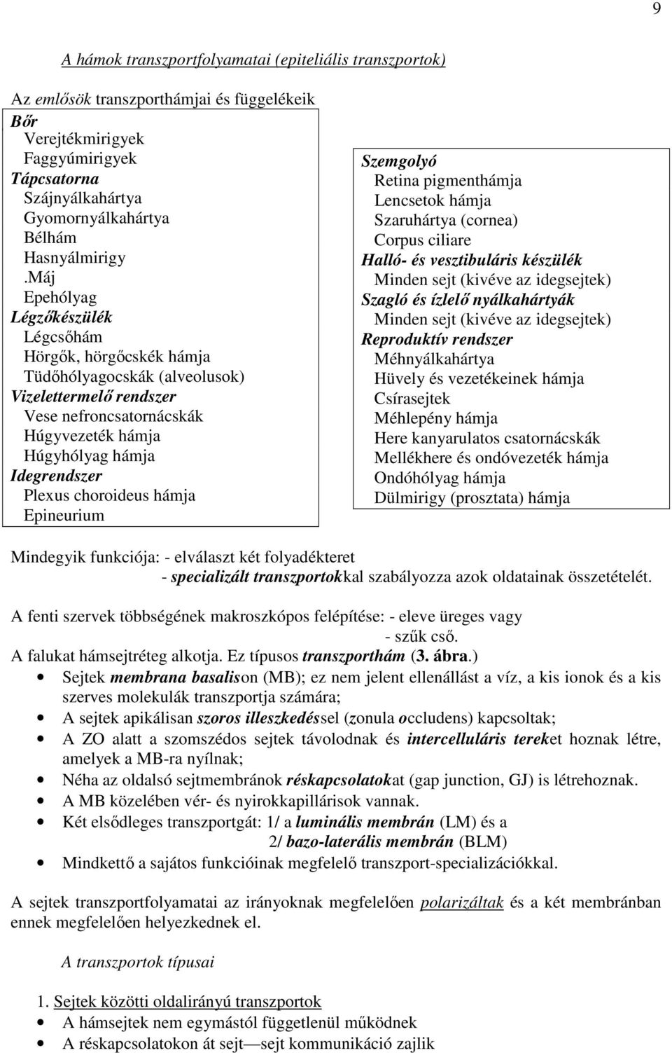 Máj Epehólyag Légzıkészülék Légcsıhám Hörgık, hörgıcskék hámja Tüdıhólyagocskák (alveolusok) Vizelettermelı rendszer Vese nefroncsatornácskák Húgyvezeték hámja Húgyhólyag hámja Idegrendszer Plexus