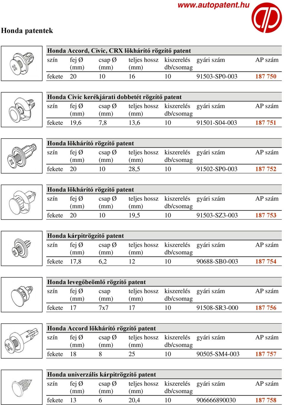 91503-SZ3-003 187 753 fekete 17,8 6,2 12 10 90688-SB0-003 187 754 Honda levegőbeömlő rögzítő patent szín fej Ø csap teljes hossz kiszerelés gyári szám AP