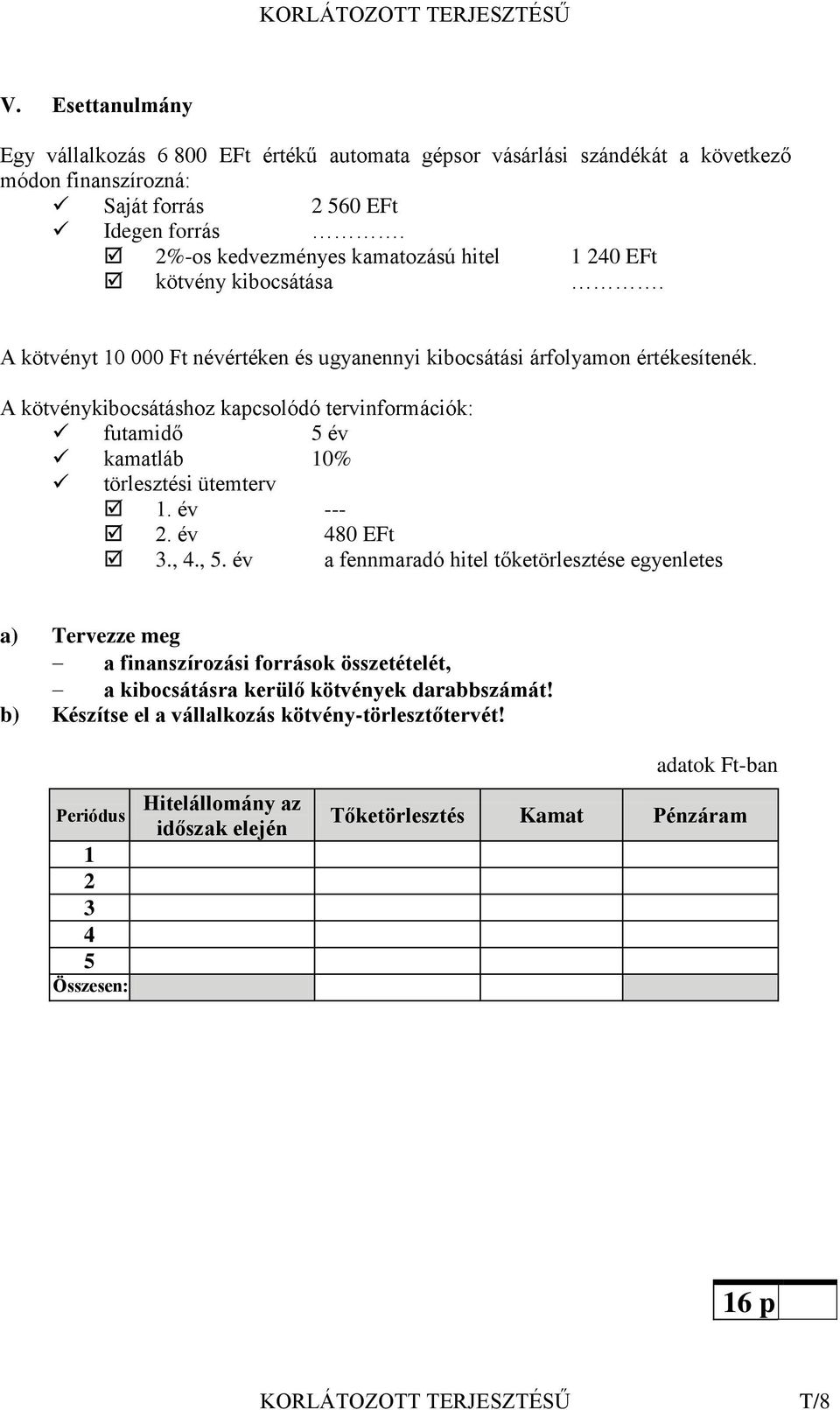 A kötvénykibocsátáshoz kapcsolódó tervinformációk: futamidő 5 év kamatláb 10% törlesztési ütemterv 1. év --- 2. év 480 EFt 3., 4., 5.