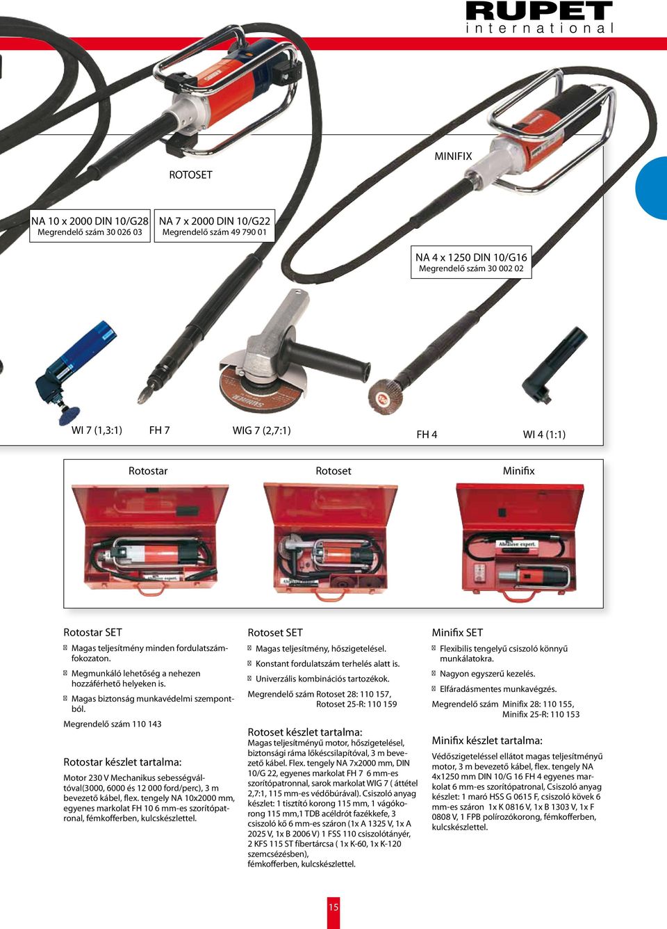 Megrendelő szám 110 143 Rotostar készlet tartalma: Motor 230 V Mechanikus sebességváltóval(3000, 6000 és 12 000 ford/perc), 3 m bevezető kábel, flex.