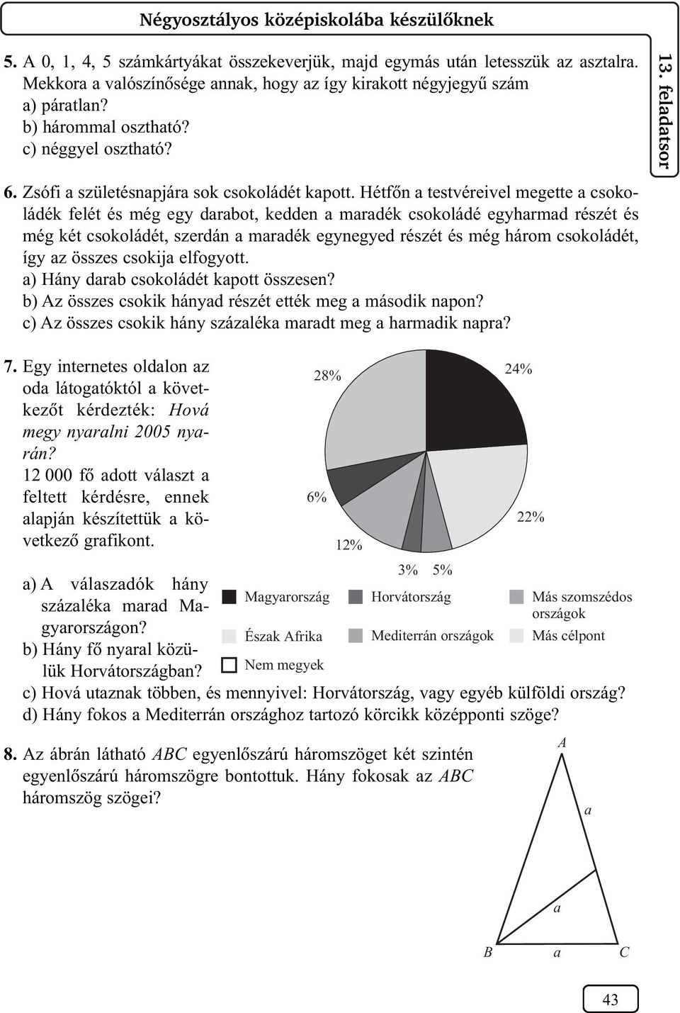 6 Zsófi születésnpjár sok csokoládét kpott Hétfõn testvéreivel megette csokoládék felét és még egy drbot kedden mrdék csokoládé egyhrmd részét és még két csokoládét szerdán mrdék egynegyed részét és