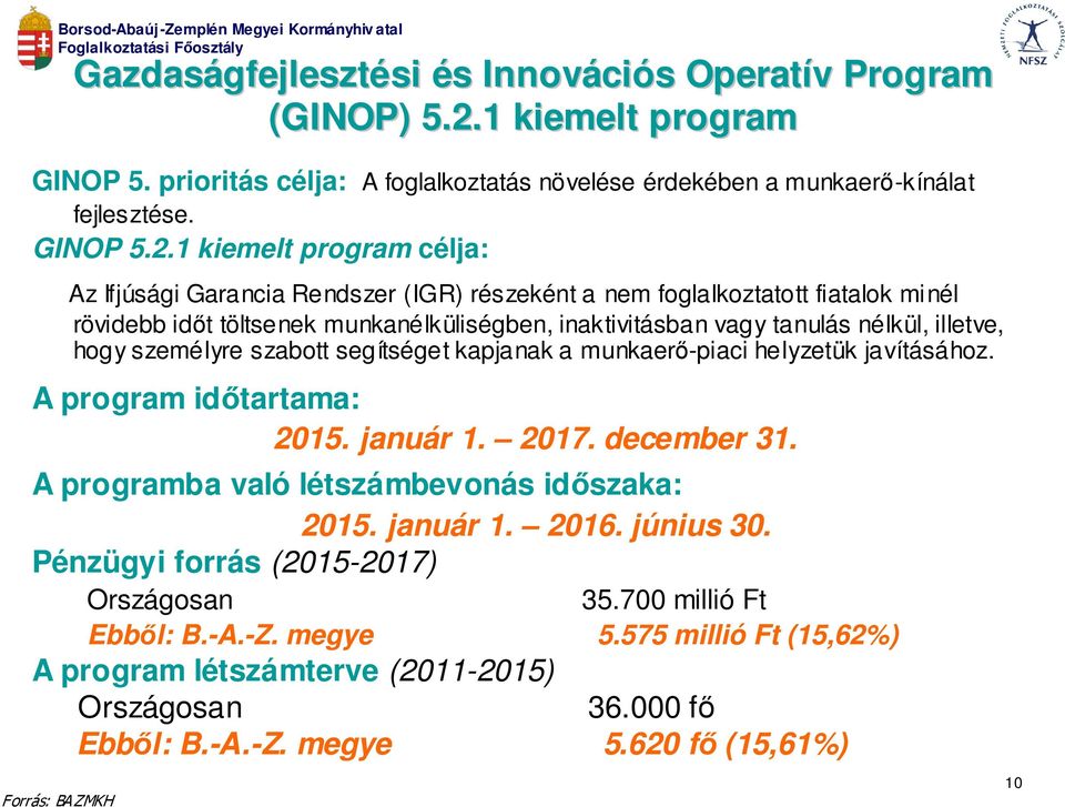 hogy személyre szabott segítséget kapjanak a munkaerő-piaci helyzetük javításához. A program időtartama: 2015. január 1. 2017. december 31. A programba való létszámbevonás időszaka: 2015. január 1. 2016.