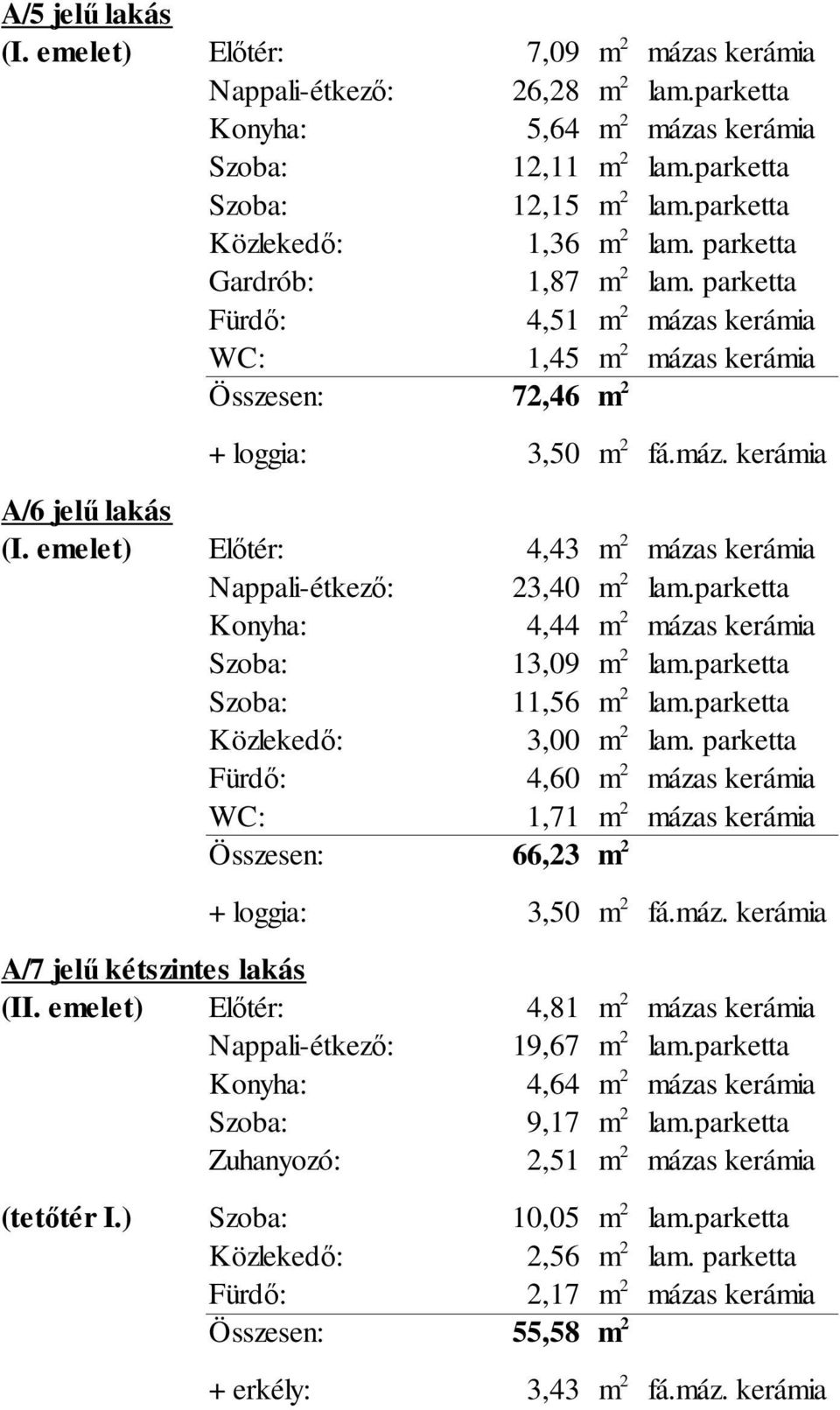 emelet) Előtér: 4,43 mázas kerámia Nappali-étkező: 23,40 lam.parketta Konyha: 4,44 mázas kerámia Szoba: 13,09 lam.parketta Szoba: 11,56 lam.parketta Közlekedő: 3,00 lam.