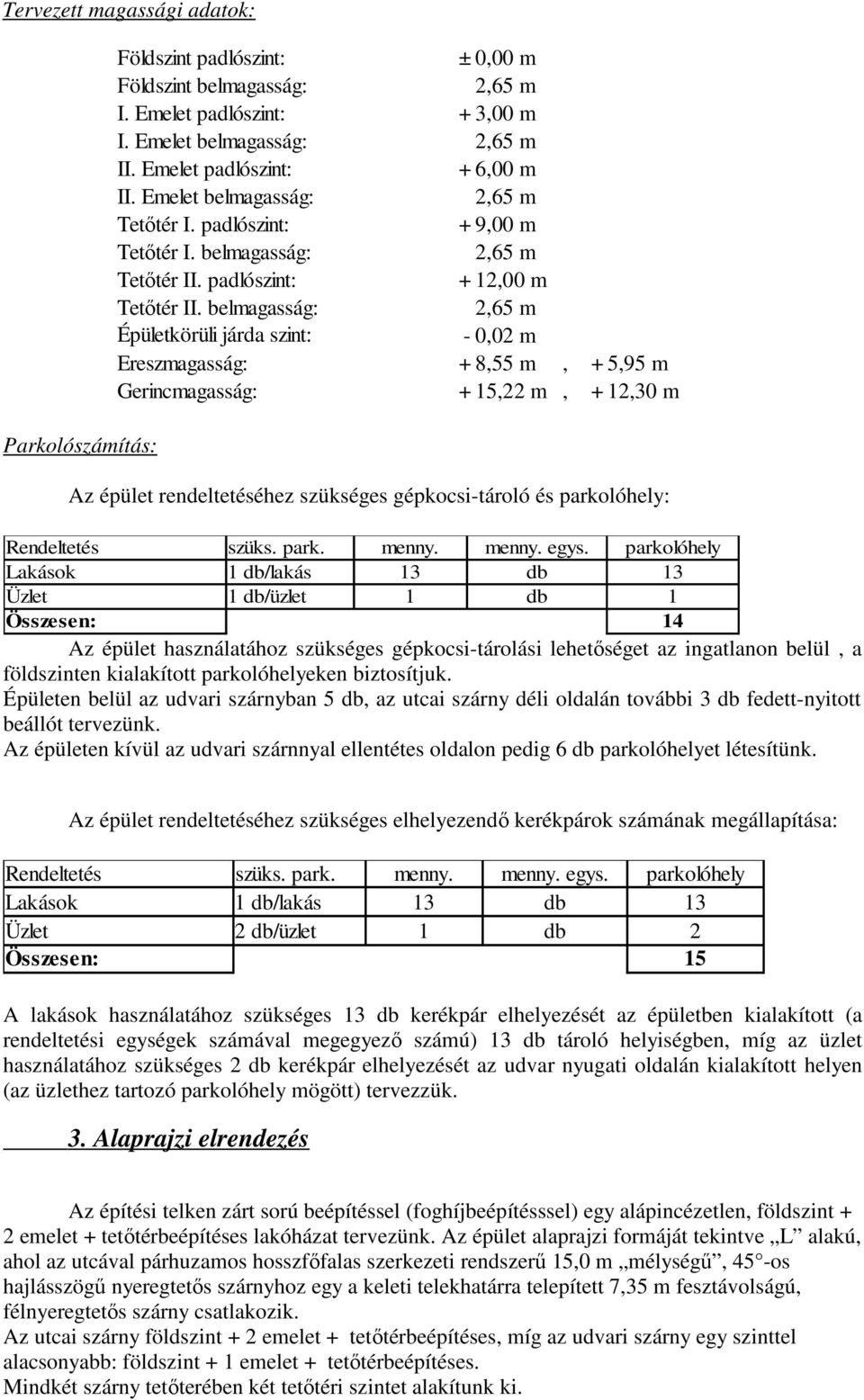 belmagasság: 2,65 m Épületkörüli járda szint: - 0,02 m Ereszmagasság: + 8,55 m, + 5,95 m Gerincmagasság: + 15,22 m, + 12,30 m Az épület rendeltetéséhez szükséges gépkocsi-tároló és parkolóhely: