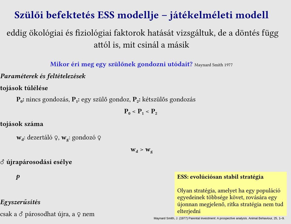 Maynard Smith 1977 Paraméterek és feltételezések tojások túlélése P 0 : nincs gondozás, P 1 : egy szülő gondoz, P 2 : kétszülős gondozás P 0 < P 1 < P 2 tojások száma w d : dezertáló, w