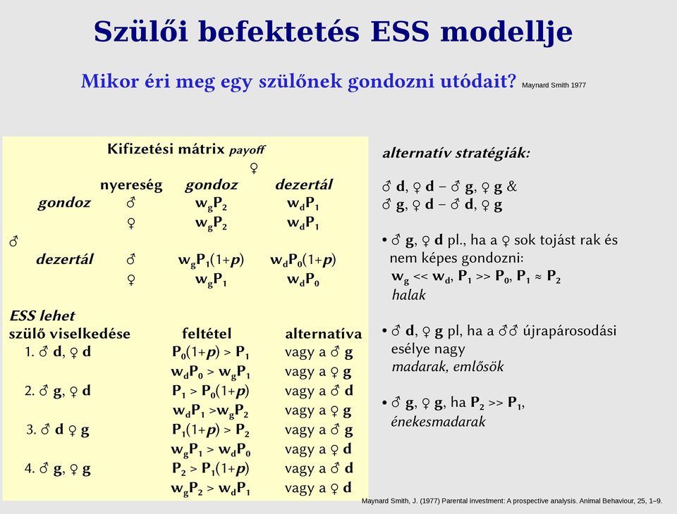 alternatíva 1. d, d P 0 (1+p) > P 1 vagy a g w d P 0 > w g P 1 vagy a g 2. g, d P 1 > P 0 (1+p) vagy a d w d P 1 >w g P 2 vagy a g 3. d g P 1 (1+p) > P 2 vagy a g w g P 1 > w d P 0 vagy a d 4.