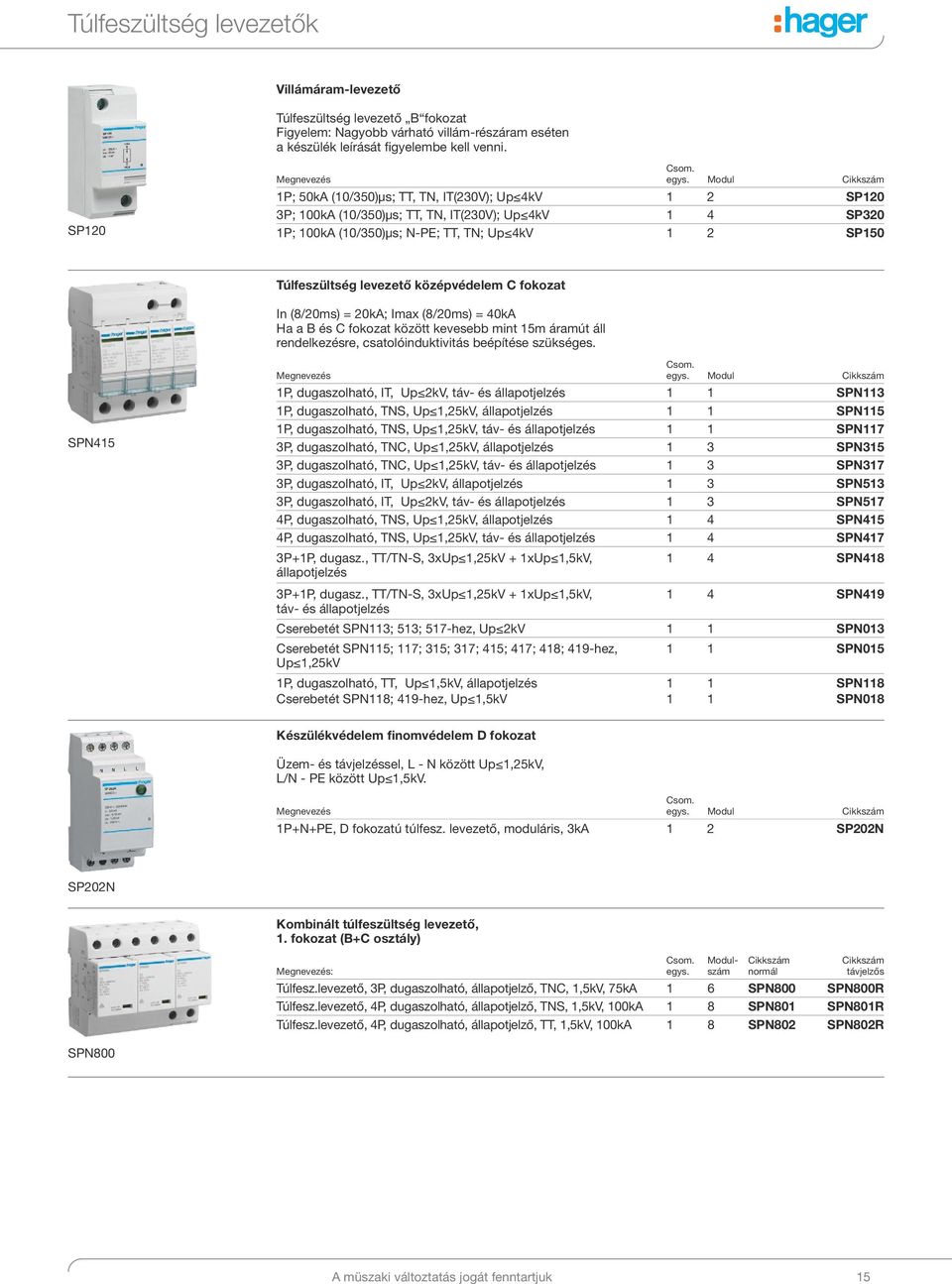 középvédelem C fokozat In (8/20ms) = 20kA; Imax (8/20ms) = 40kA Ha a B és C fokozat között kevesebb mint 15m áramút áll rendelkezésre, csatolóinduktivitás beépítése szükséges. SPN415 Megnevezés Csom.