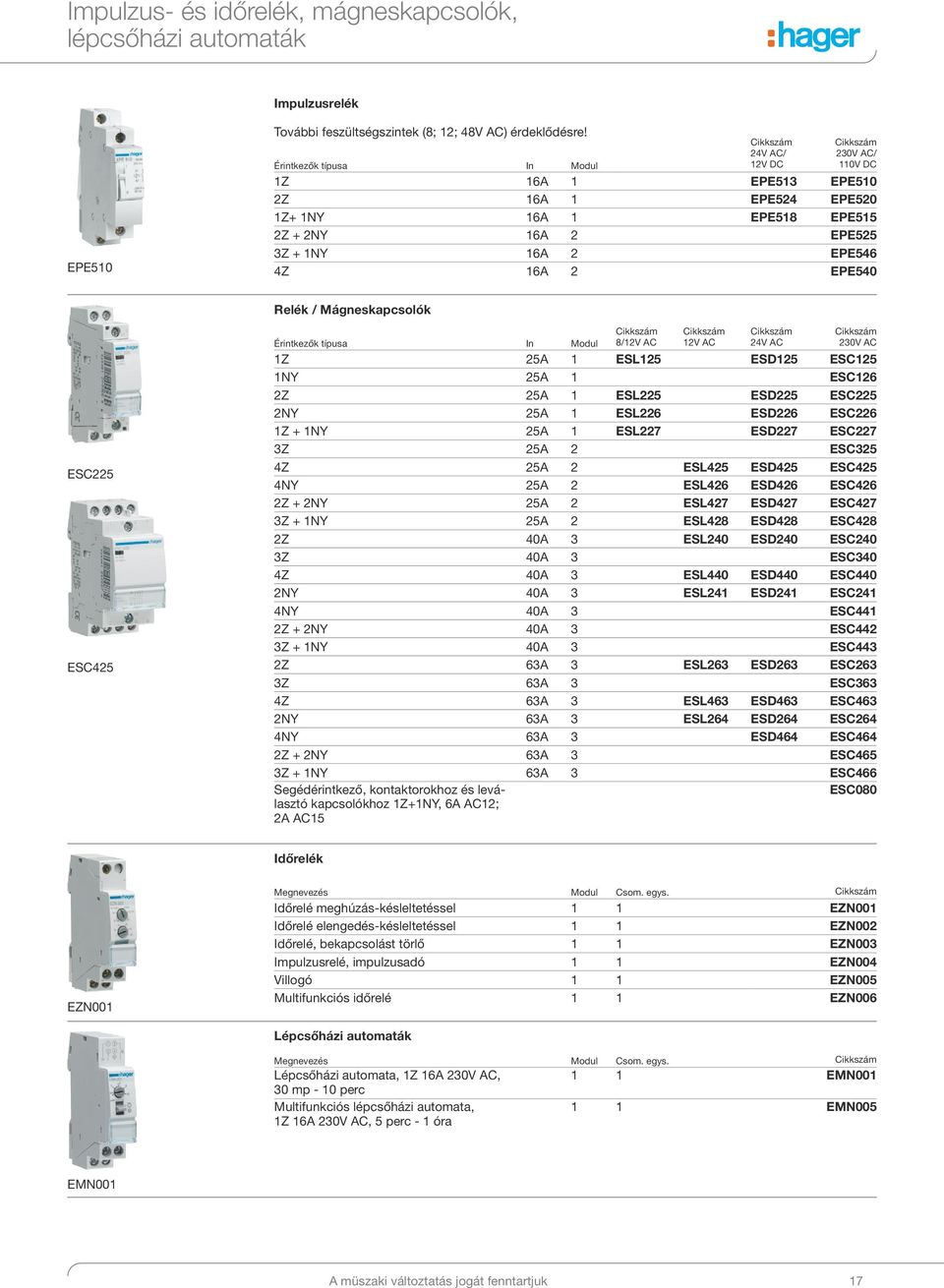 / Mágneskapcsolók ESC225 ESC425 8/12V AC 12V AC 24V AC 230V AC Érintkezők típusa In Modul 1Z 25A 1 ESL125 ESD125 ESC125 1NY 25A 1 ESC126 2Z 25A 1 ESL225 ESD225 ESC225 2NY 25A 1 ESL226 ESD226 ESC226