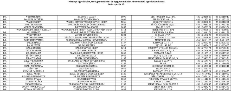 WÉBER ÉVA ZSÓFIA DR.WÉBER ÉVA ZSÓFIA 1055 SZALAY U. 5/B. +36 13026924 +36 13026924 WENDLERNÉ DR. PIRIGYI KATALIN WENDLERNÉ DR. PIRIGYI KATALIN ÜGYVÉDI IRODA 1114 FEHÉRVÁRI ÚT 7. III/1.
