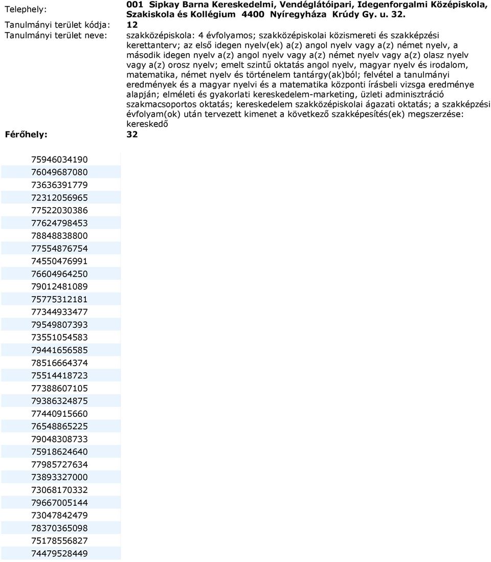 nyelv és történelem tantárgy(ak)ból; felvétel a tanulmányi eredmények és a magyar nyelvi és a matematika központi írásbeli vizsga eredménye alapján; elméleti és gyakorlati kereskedelem-marketing,