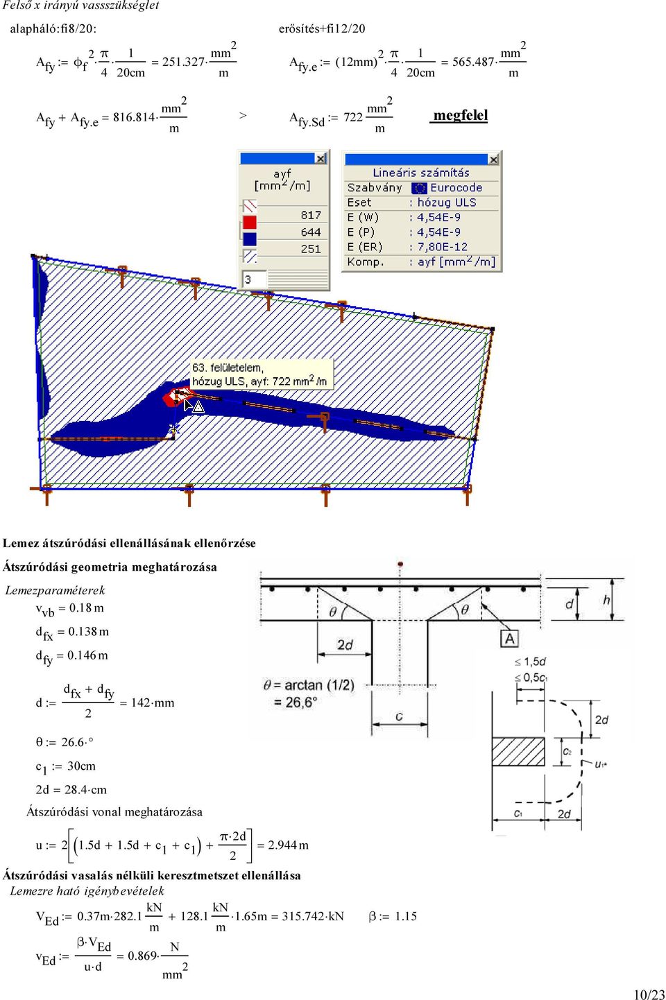 138 d fy 0.16 d : d fx + d fy 1 θ : 6.6 c 1 : 30c d 8. c Átszúródási vonal eghatározása ( ) u : 1.5d + 1.5d + c 1 + c 1 π d +.