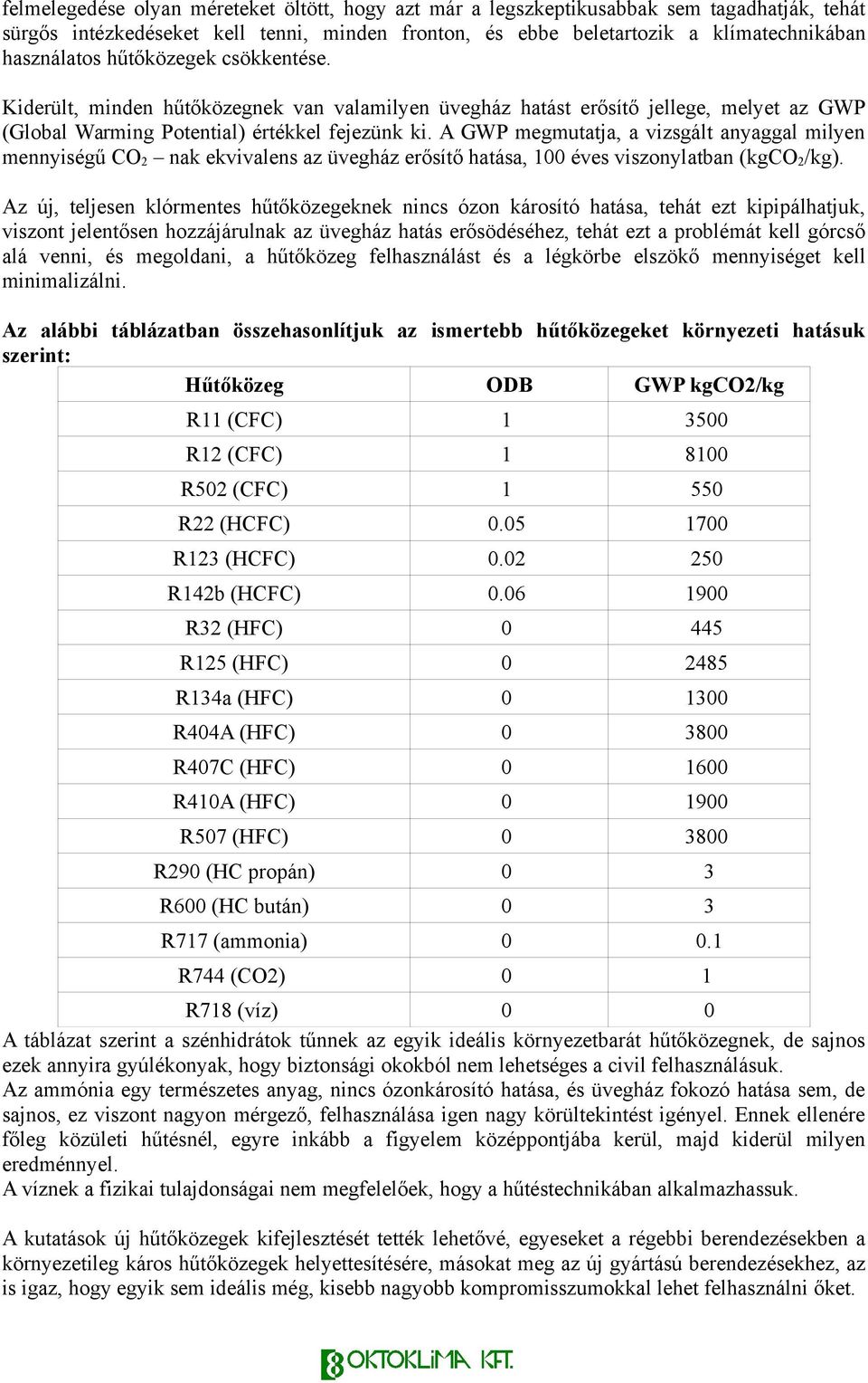 A GWP megmutatja, a vizsgált anyaggal milyen mennyiségű CO 2 nak ekvivalens az üvegház erősítő hatása, 100 éves viszonylatban (kgco 2 /kg).