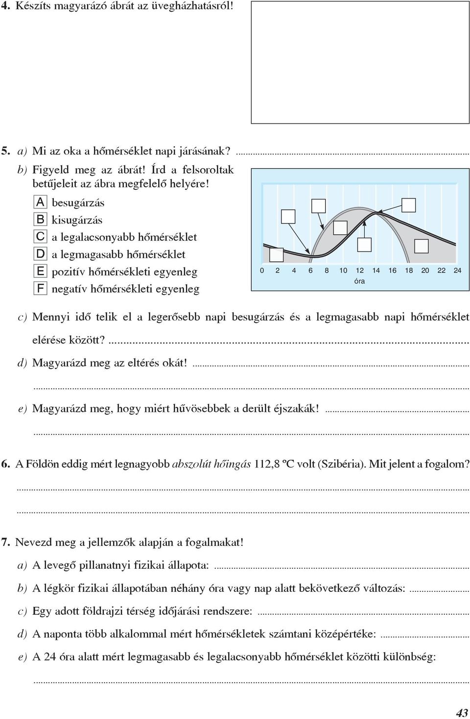 besugárzás és a legmagasabb napi hõmérséklet elérése között?... d) Magyarázd meg az eltérés okát!... e) Magyarázd meg, hogy miért hûvösebbek a derült éjszakák!... 0 2 4 6 8 10 12 14 16 18 20 22 óra 24 6.