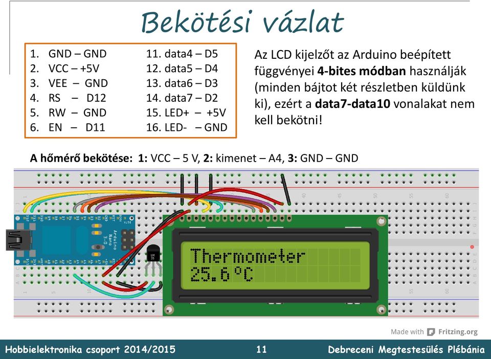 LED- GND Az LCD kijelzőt az Arduino beépített függvényei 4-bites módban használják (minden