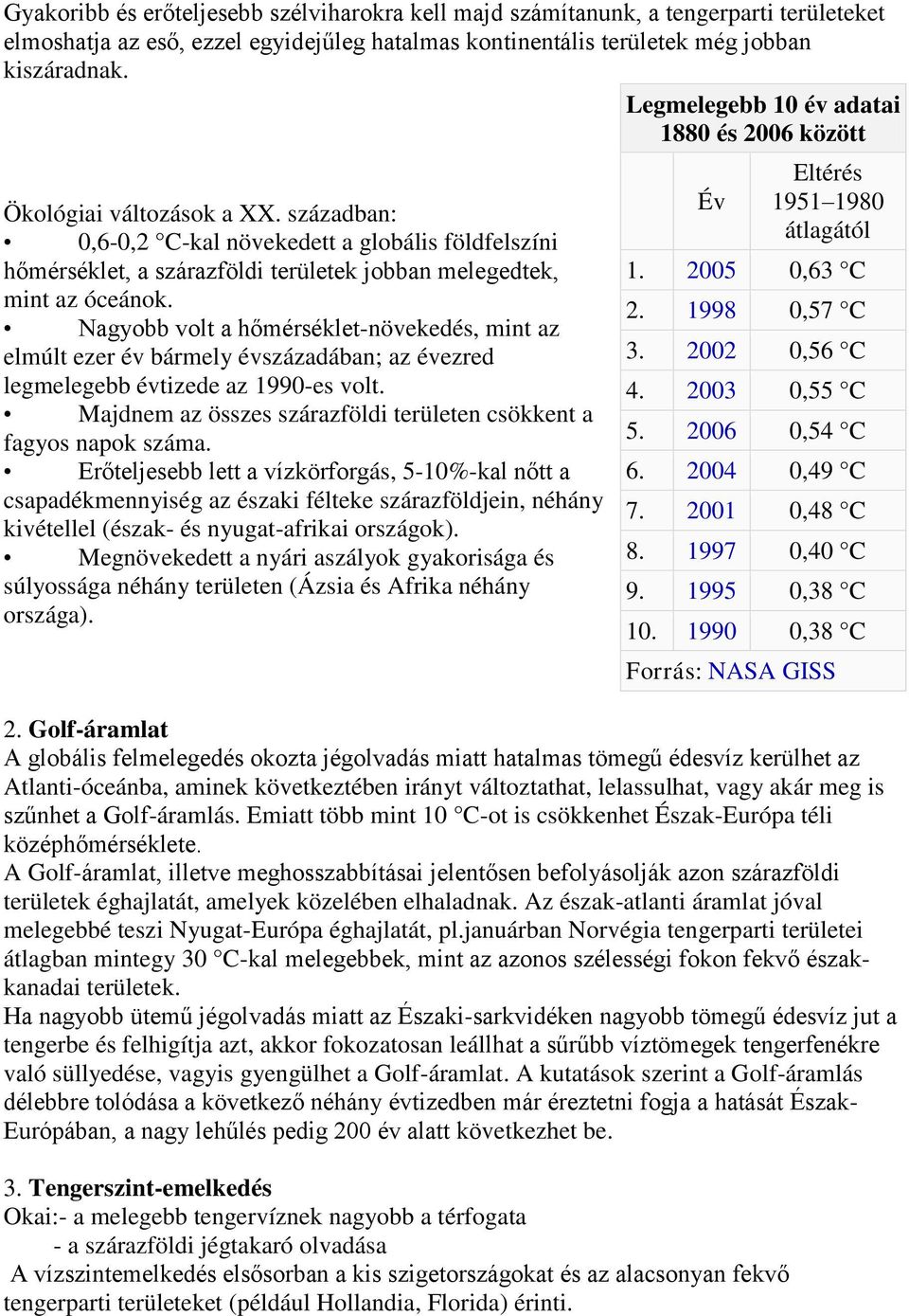 században: 0,6-0,2 C-kal növekedett a globális földfelszíni hőmérséklet, a szárazföldi területek jobban melegedtek, mint az óceánok.