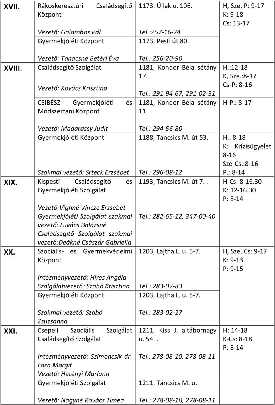 H.:12-18 K, Sze.:8-17 Cs-P: 8-16 H-P.: 8-17 Vezető: Madarassy Judit Szakmai vezető: Srteck Erzsébet XIX. Kispesti Családsegítő és XX.